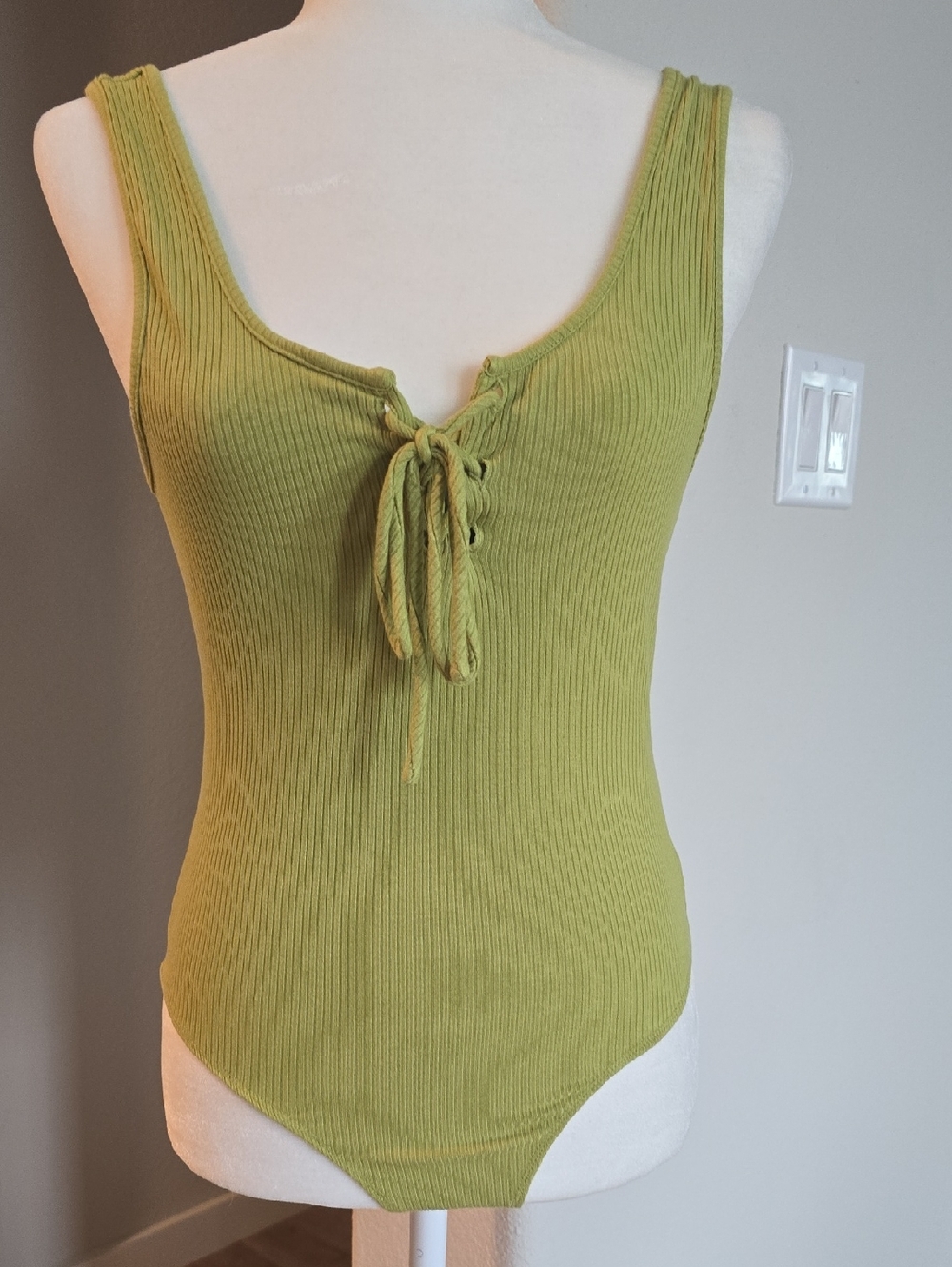 Papaya Olive Green Ribbed Lace-Up Tank Bodysuit